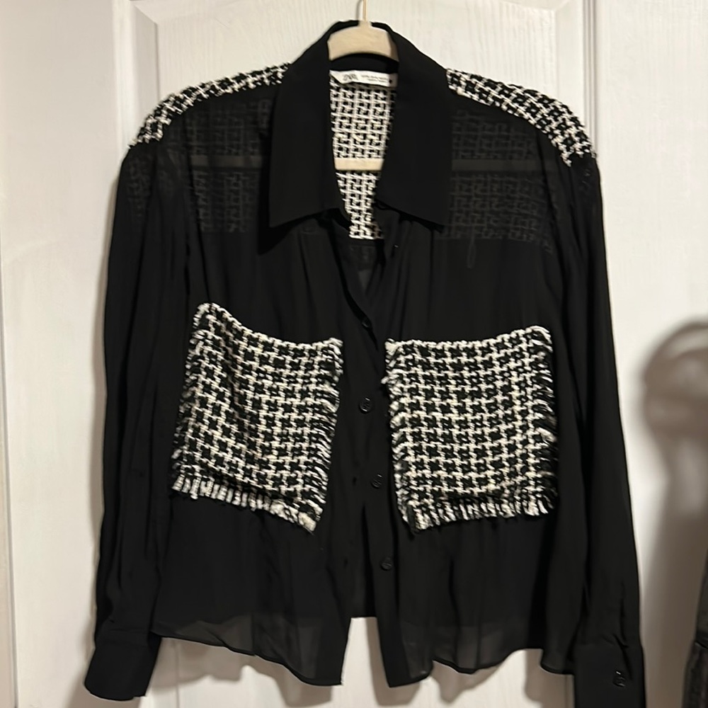 Zara, sheer black blouse with black and white tweed pockets size XL